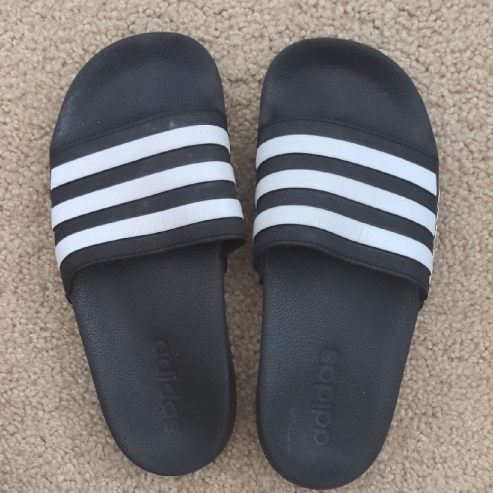 Adidas Black and White Striped Slides